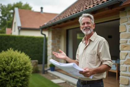 Propriétaire devant une extension de maison en pierre avec plans d'architecte, taxe foncière et agrandissement immobilier