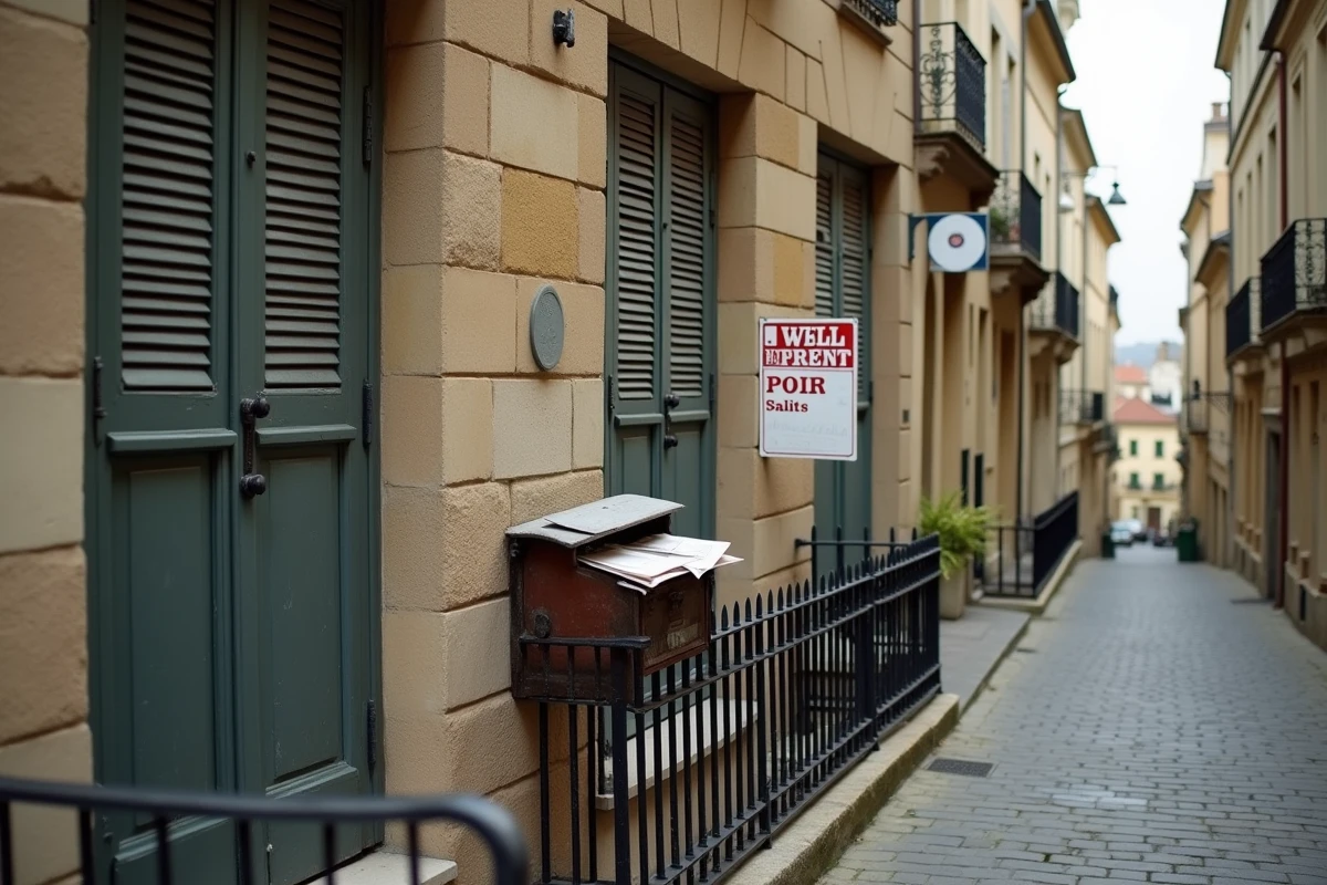 Façade d'une maison de ville française aux volets fermés et boîte aux lettres débordante symbolisant un logement vacant soumis à la taxe d'habitation