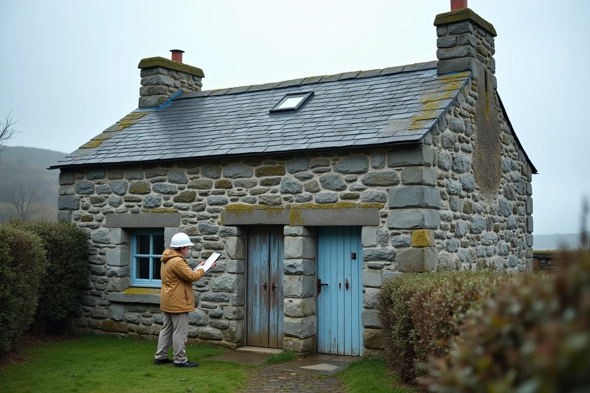 Façade en pierre de granit d'une maison bretonne traditionnelle inspectée par une architecte en milieu rural sous ciel couvert