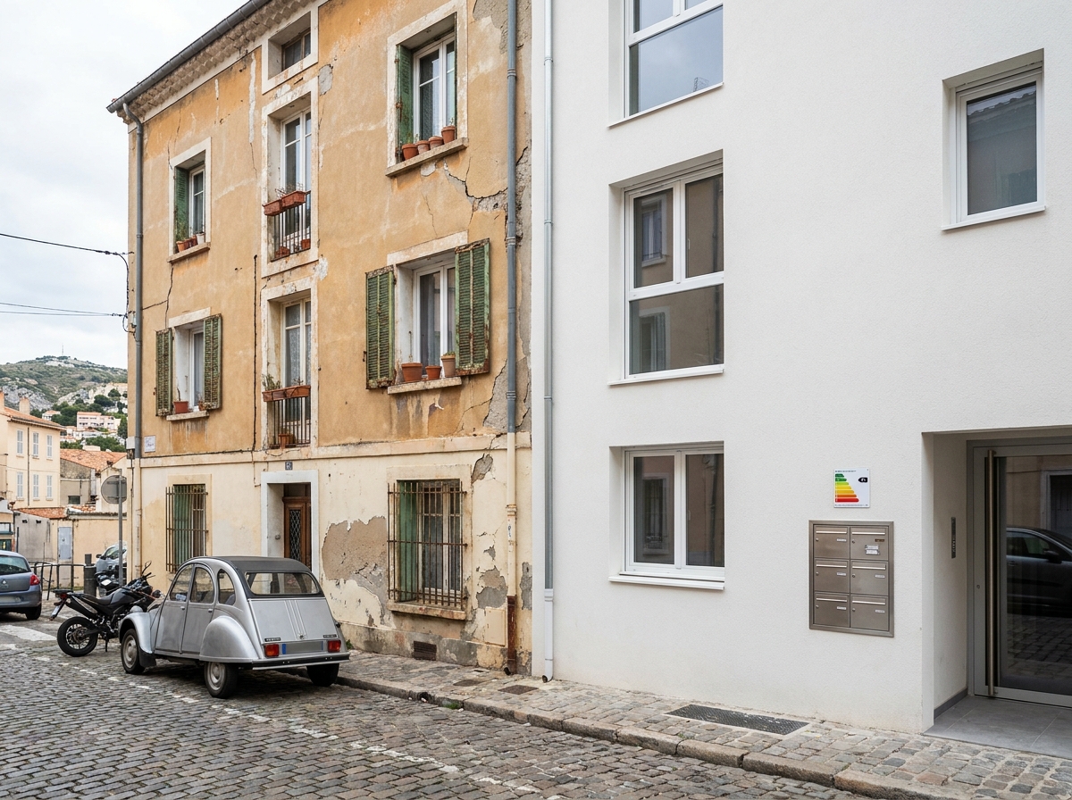 Façades de deux immeubles marseillais côte à côte illustrant l'écart de performance énergétique entre ancien et rénové avec affichage DPE
