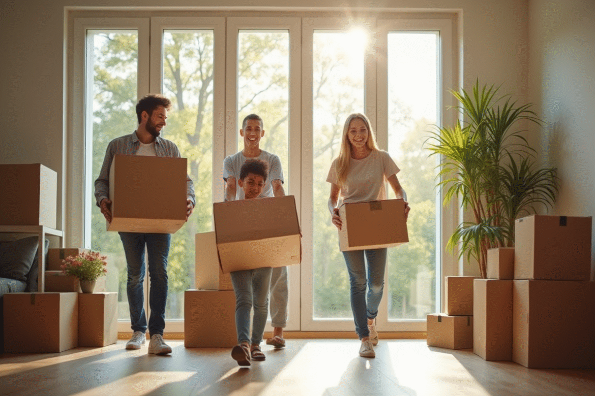 Famille heureuse déchargeant des cartons dans un appartement lumineux