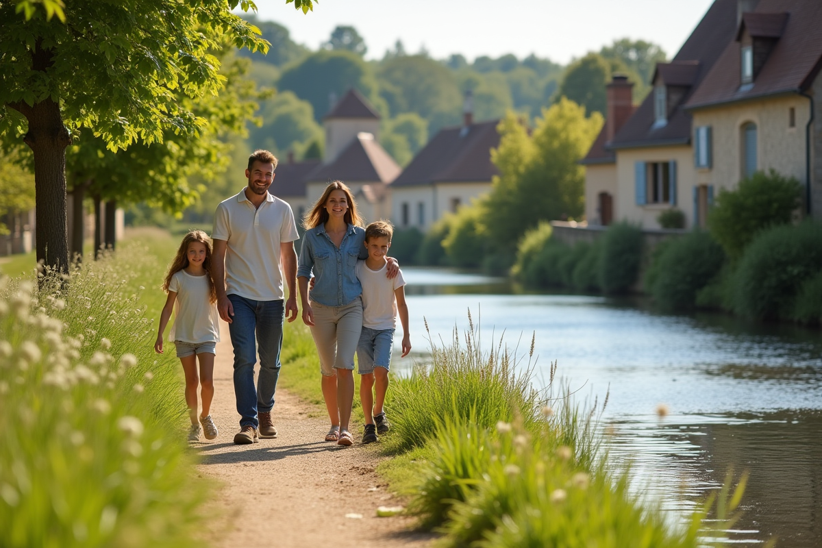 Famille heureuse marchant au bord de la rivière à La VicomtésurRance