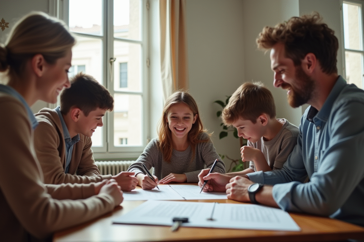 Famille signant un contrat de location dans un appartement parisien