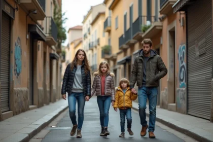 Famille inquiète marchant dans une rue graffitée de Nice