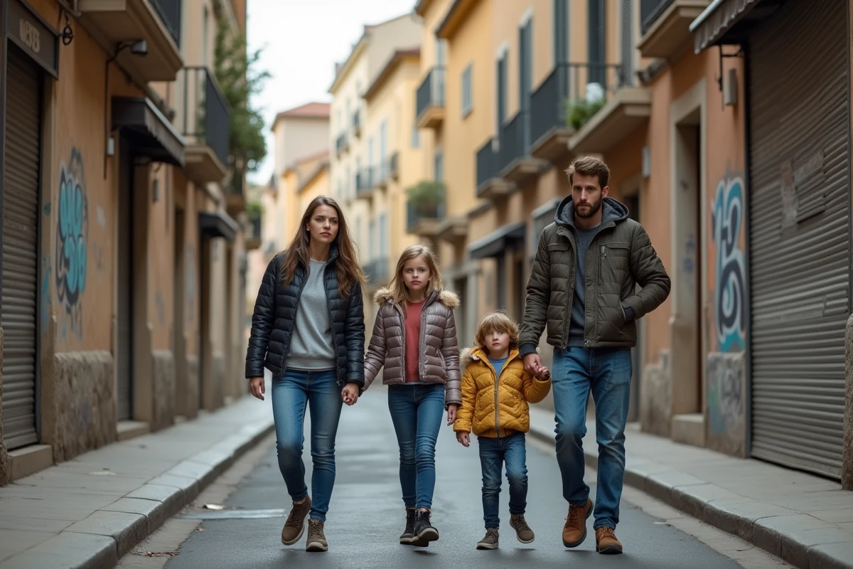 Famille inquiète marchant dans une rue graffitée de Nice