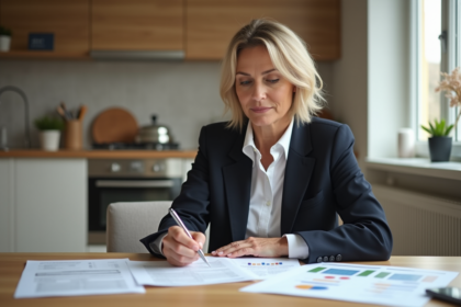Femme d'affaires lisant des documents dans une cuisine moderne
