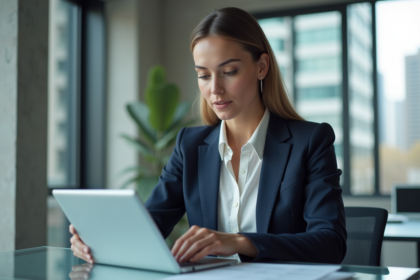 Femme d'affaires en costume navy dans un bureau moderne