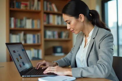 Femme professionnelle analysant des annonces immobilières sur un ordinateur portable dans un bureau moderne, illustrant l'utilisation d'un logiciel de veille immobilière