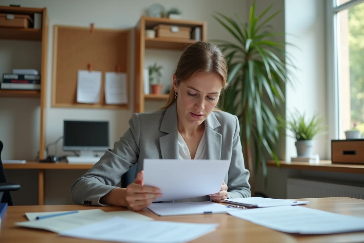 Femme lisant une lettre d'attribution de logement social à un bureau administratif avec des documents officiels