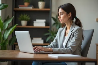 Femme en bureau moderne regardant le site Géoportail urbanisme