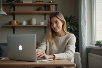 Femme assise à son bureau avec ordinateur portable
