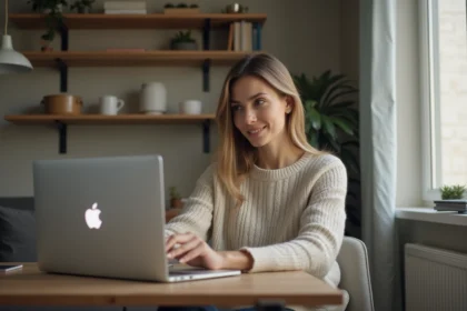 Femme assise à son bureau avec ordinateur portable