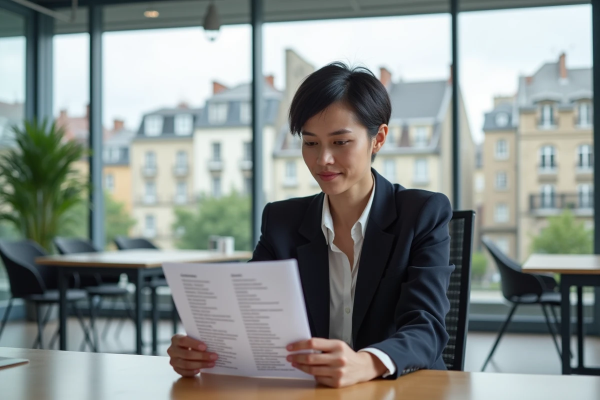 Femme en blazer examinant une liste de villes françaises