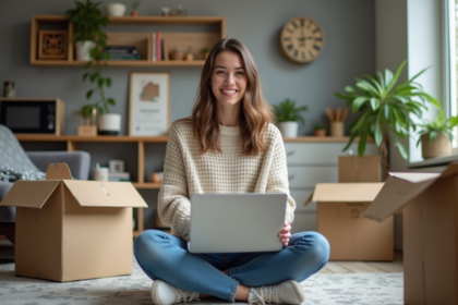 Femme souriante cherchant une colocation dans un salon