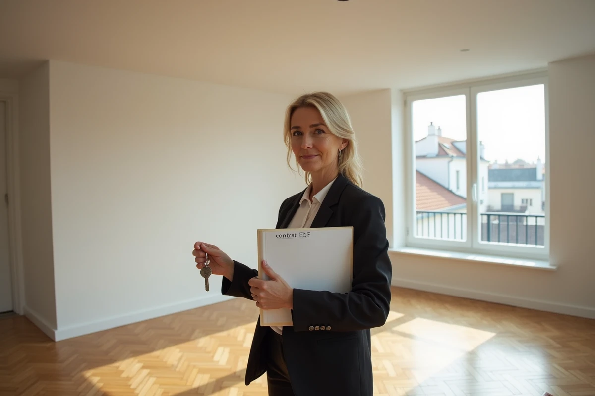 Femme tenant des clés et un dossier EDF dans un appartement vide