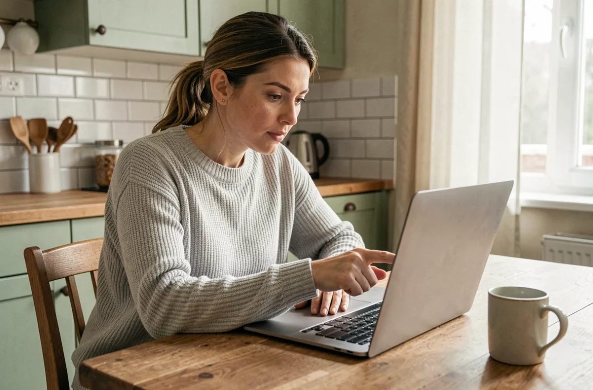 Femme comparant des offres d'assurance habitation pas cher sur un ordinateur portable dans une cuisine moderne