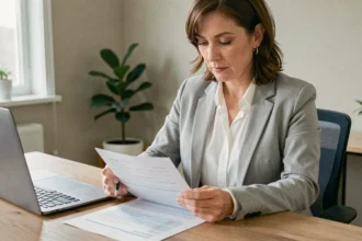 Femme professionnelle consultant un document d'assurance PNO à son bureau à domicile