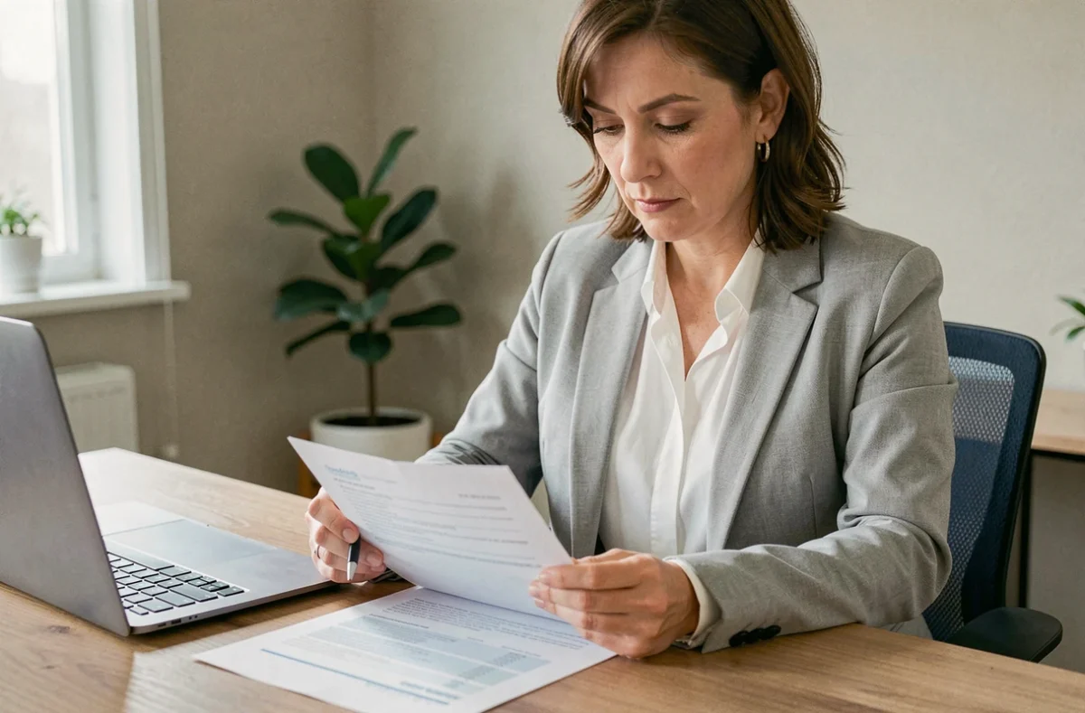 Femme professionnelle consultant un document d'assurance PNO à son bureau à domicile