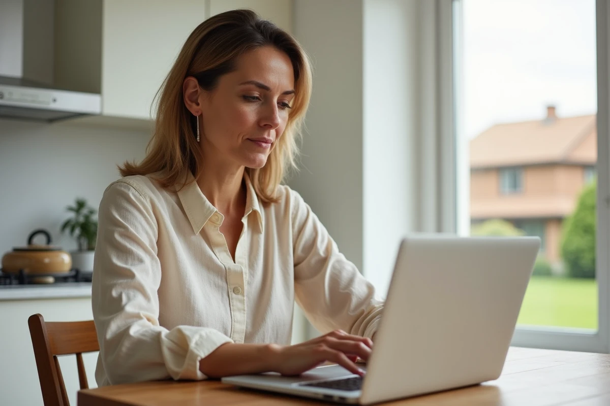 Femme consultant un site d'estimation immobilière sur son ordinateur portable dans sa cuisine avant de vendre sa maison