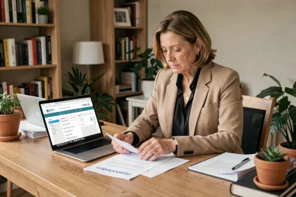 Femme consultant des documents de copropriété et un annuaire administratif en ligne depuis son bureau à domicile