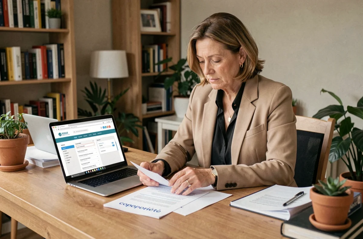 Femme consultant des documents de copropriété et un annuaire administratif en ligne depuis son bureau à domicile