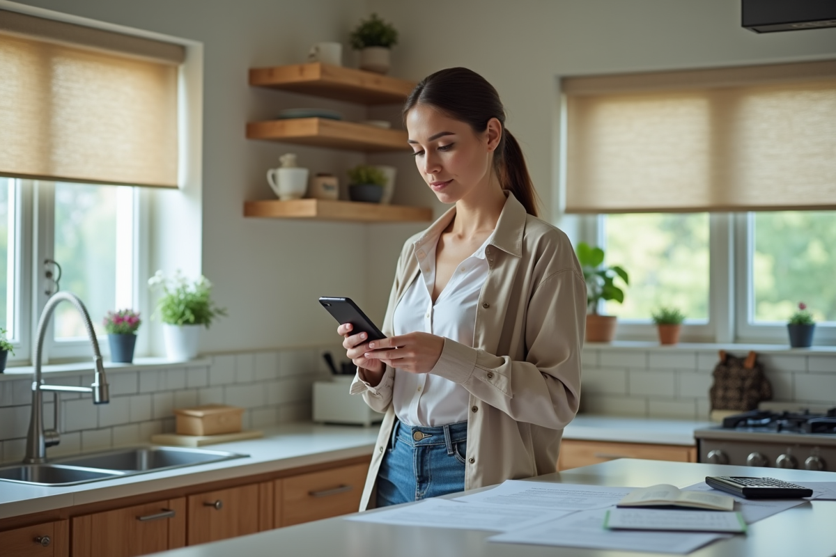 Jeune femme en tenue décontractée utilisant un smartphone dans la cuisine