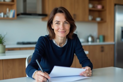 Femme d'âge moyen lisant des papiers dans la cuisine