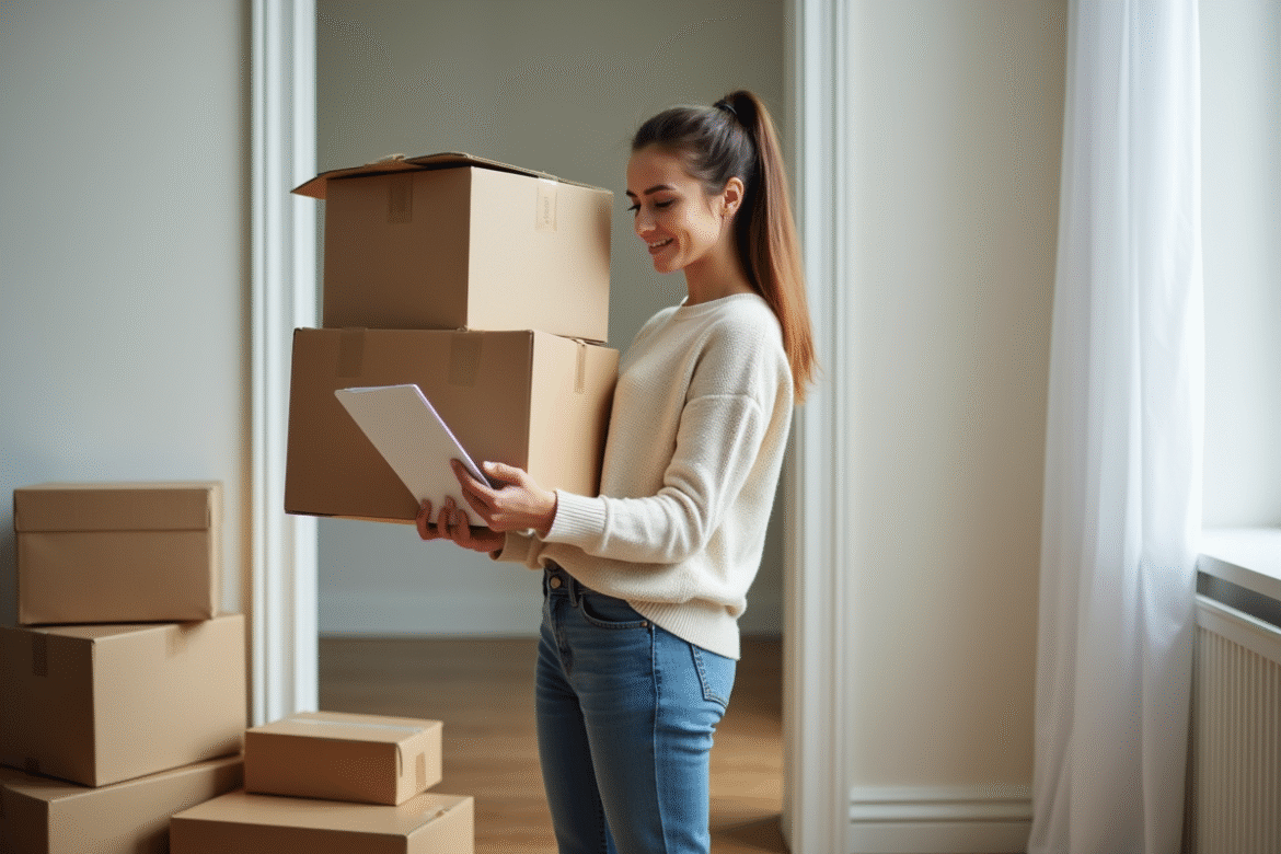 Femme d'âge moyen avec cartons dans un appartement