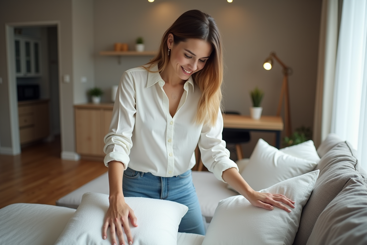 Jeune femme arrangeant des coussins dans un appartement