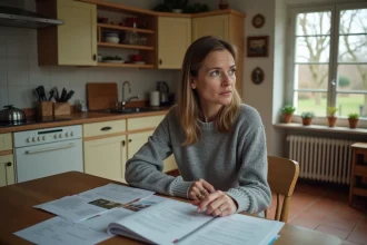 Femme seule examinant des documents juridiques de vente immobilière dans une maison en Moselle lors d'un divorce