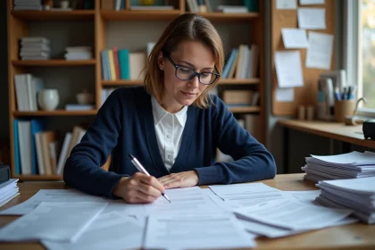 Femme examinant un dossier de demande de logement social à son bureau avec des documents administratifs