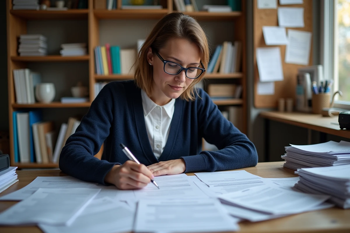 Femme examinant un dossier de demande de logement social à son bureau avec des documents administratifs