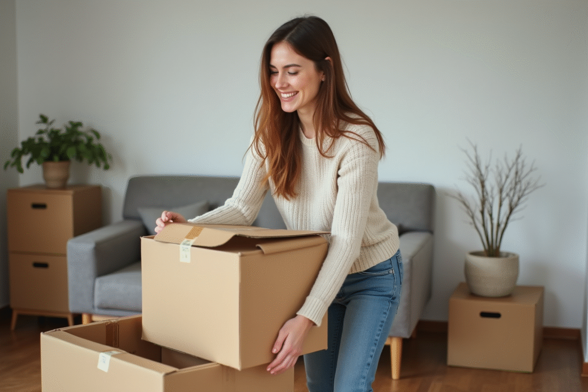 Jeune femme emballant des cartons dans un appartement