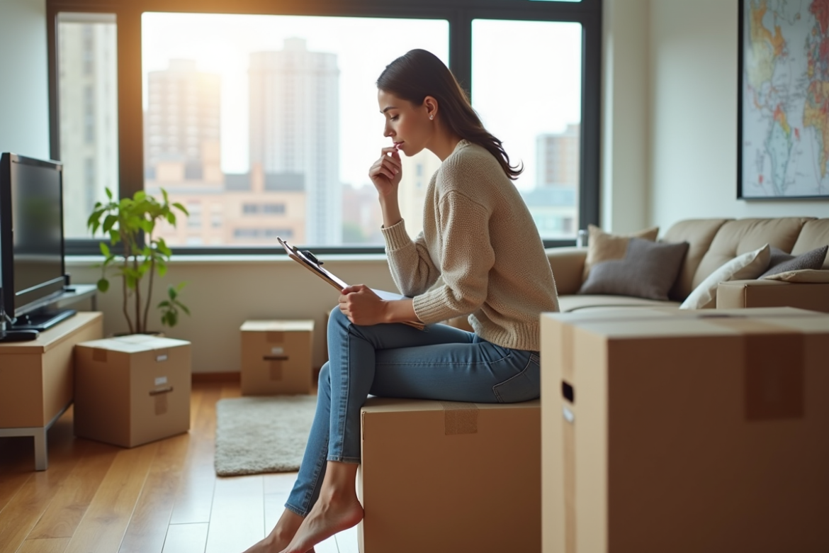 Jeune femme examine des devis de déménagement dans un appartement