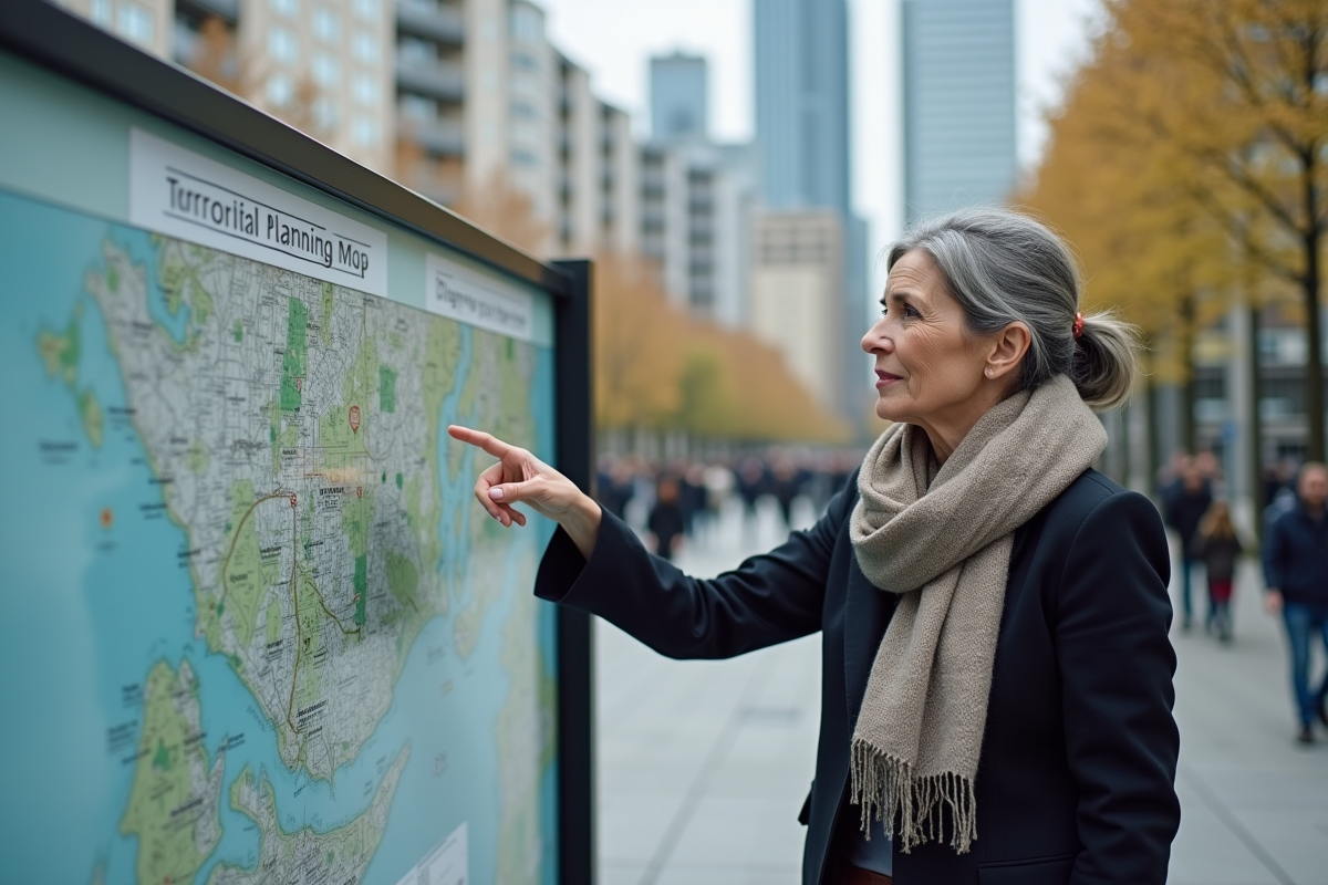 Femme en blazer expliquant un plan territorial en extérieur