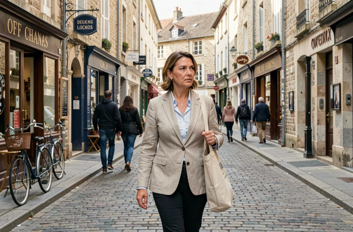 Femme se promenant dans une rue commerçante de Romans-sur-Isère pour évaluer le quartier avant de s'y installer