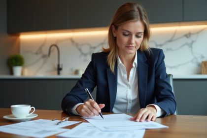 Femme d'affaires examine des documents de prêt immobilier