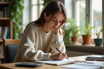 Femme française réfléchissant avec calculatrice dans un bureau lumineux