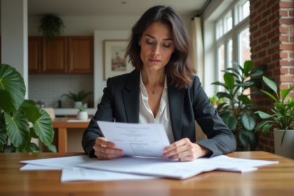 Femme professionnelle examinant des documents immobiliers dans un appartement lumineux