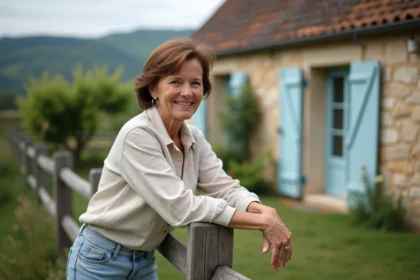 Femme souriante dans un jardin Gers avec maison en pierre