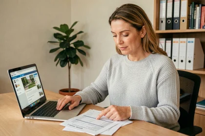 Femme consultant ses justificatifs fiscaux Nexity sur ordinateur portable dans un bureau à domicile organisé