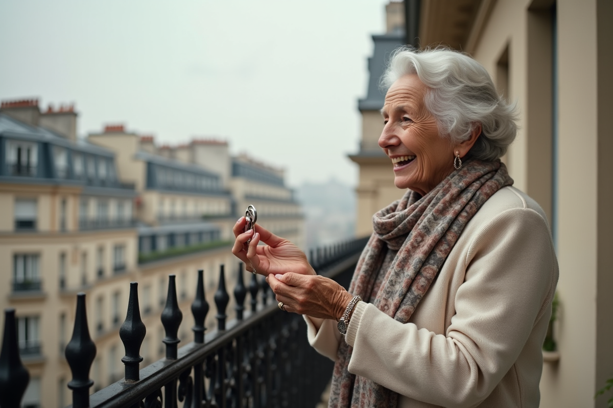 Femme âgée tenant des clés sur un balcon parisien