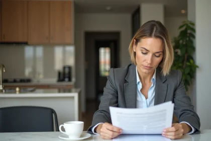 Femme d'affaires lisant un contrat de location dans une cuisine moderne