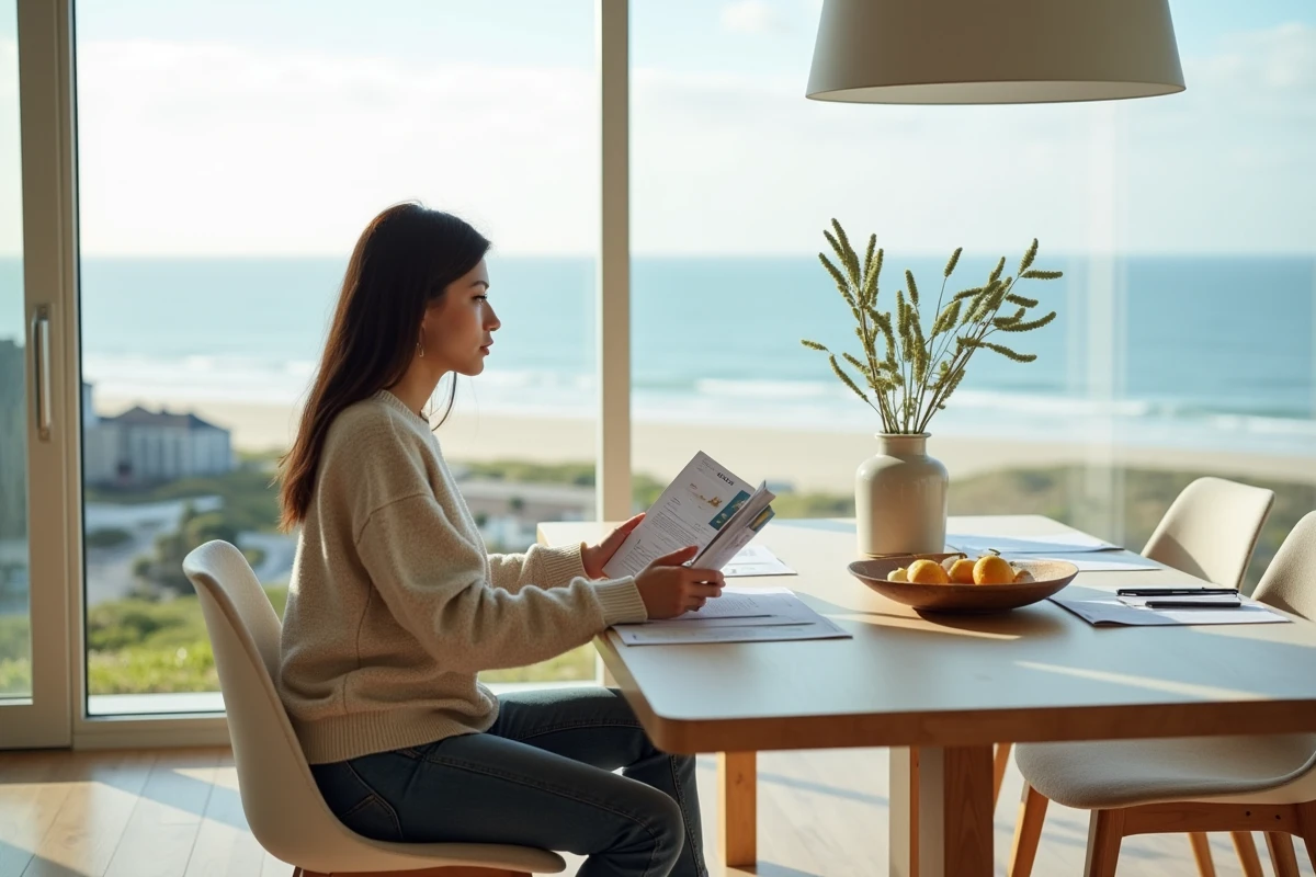 Jeune femme regardant des brochures immobilières