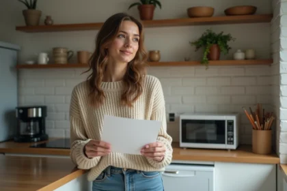 Jeune femme lisant une lettre dans sa cuisine moderne