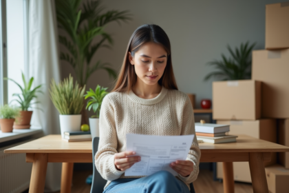 Femme lisant une facture de déménagement dans une maison