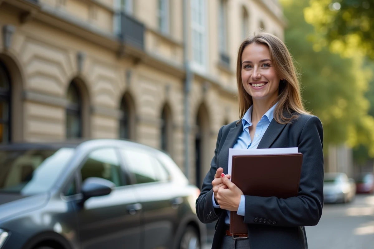 Jeune femme d affaires avec documents devant une voiture à Limoges