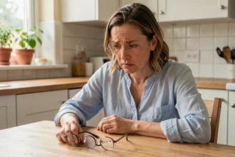 Femme inquiète regardant ses lunettes cassées sur une table de cuisine, illustration de la perte ou casse de lunettes couverte par l'assurance habitation