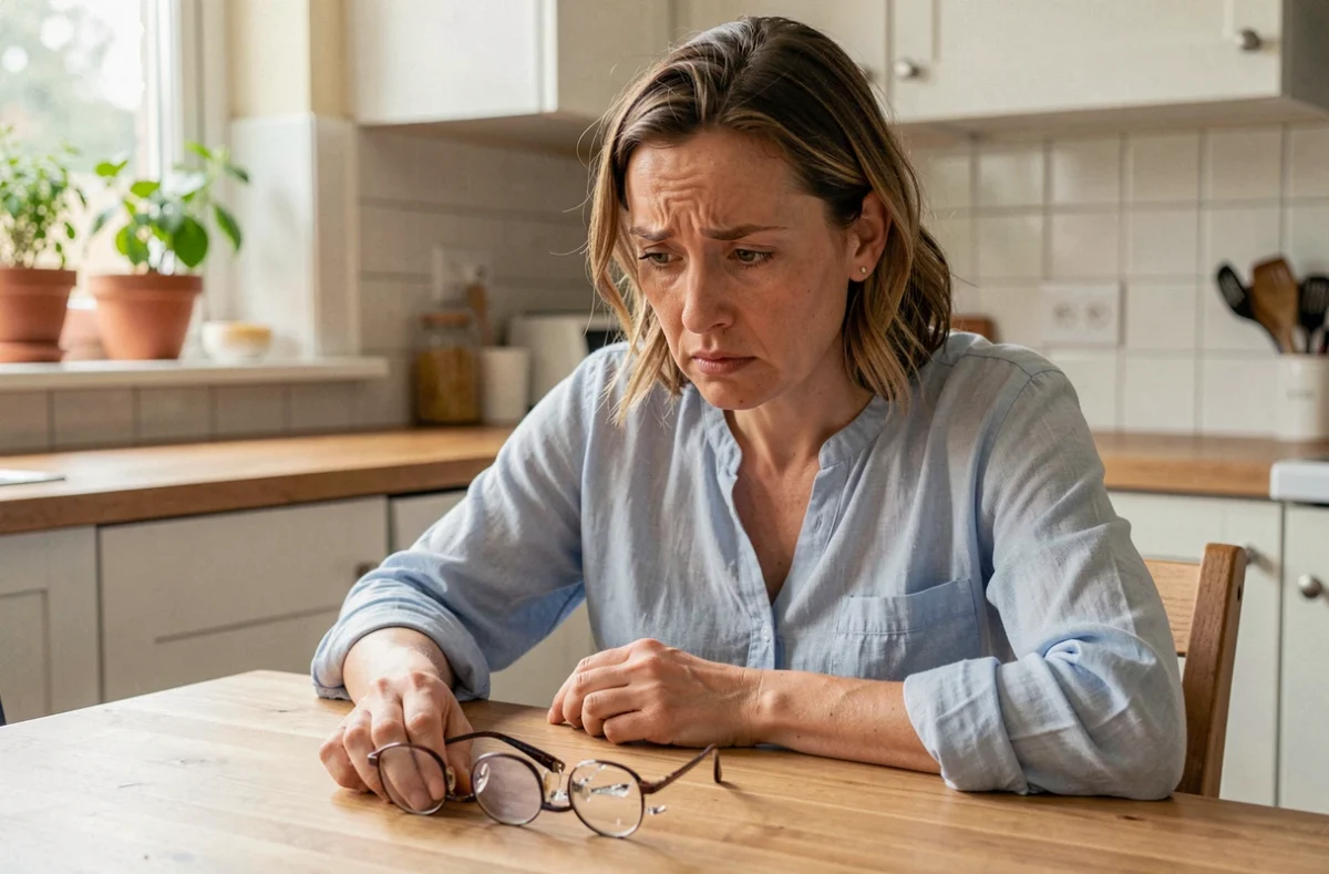Femme inquiète regardant ses lunettes cassées sur une table de cuisine, illustration de la perte ou casse de lunettes couverte par l'assurance habitation