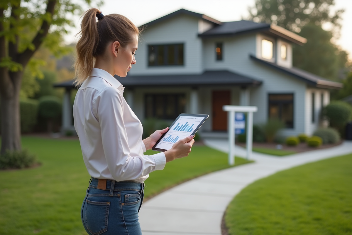 Jeune femme avec tablette devant une maison à vendre